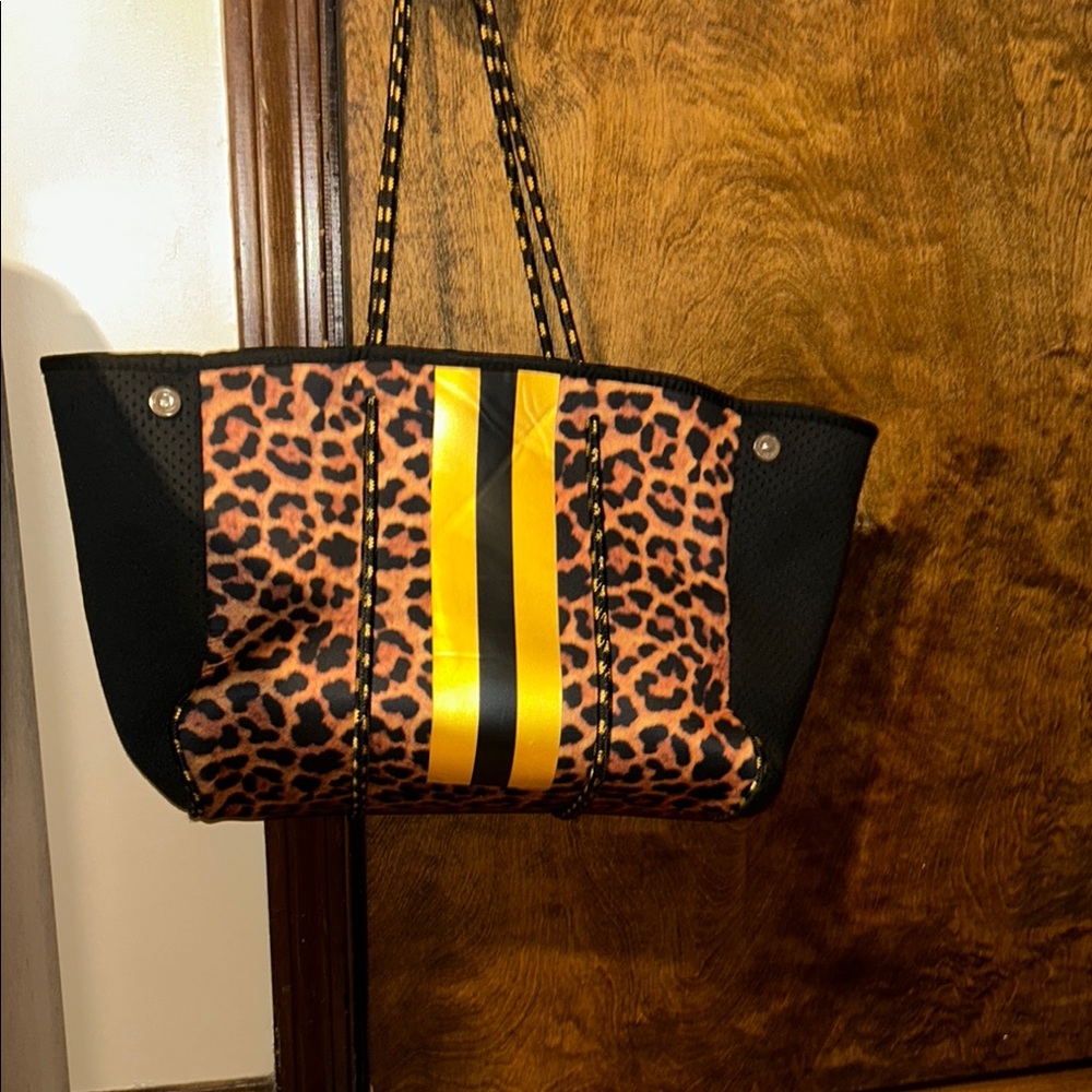 Leopard Print Tote Bag with Gold Stripe